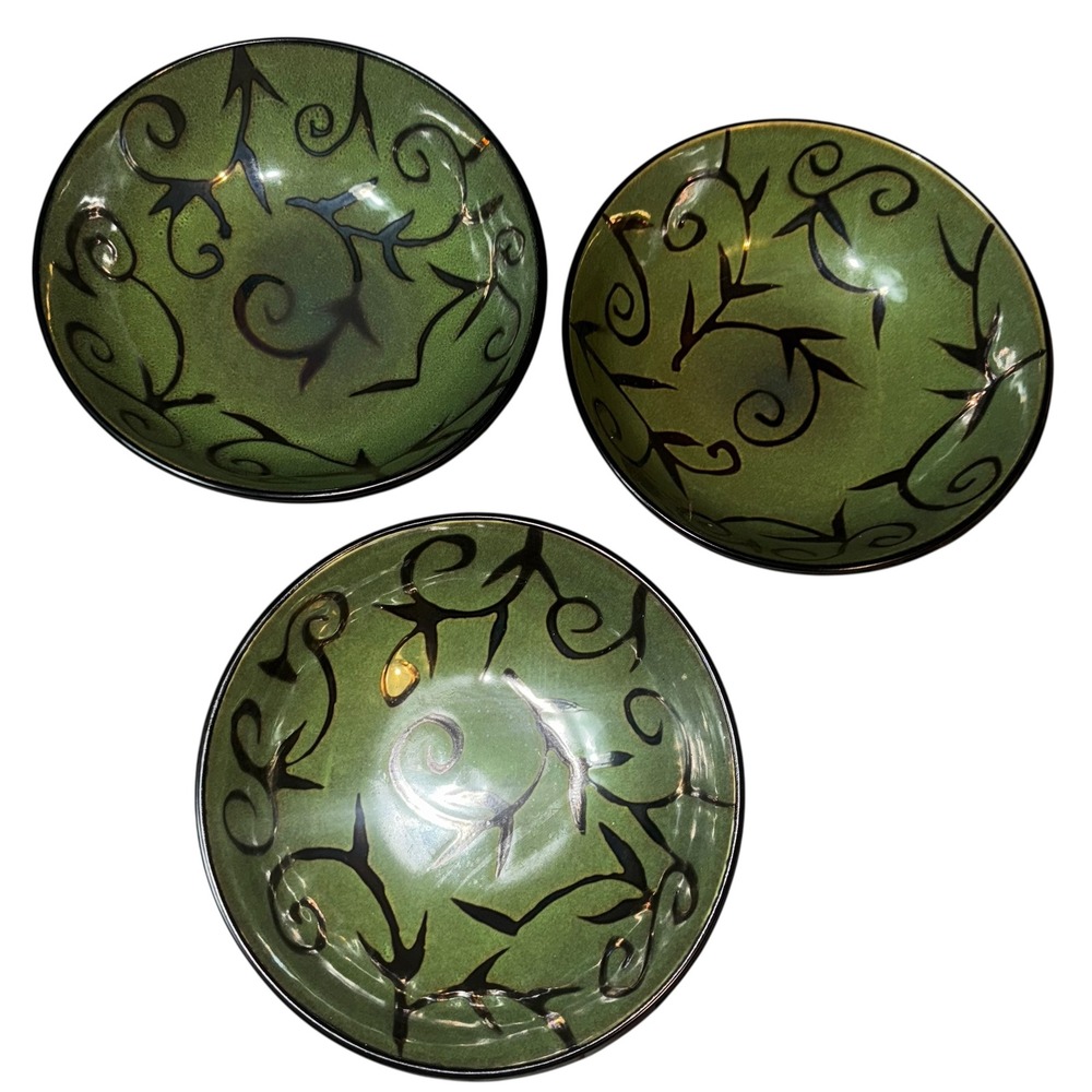 Oneida Reactive Glaze‎ Ceramic Bowls Green Black Vine Pattern Set of 3
